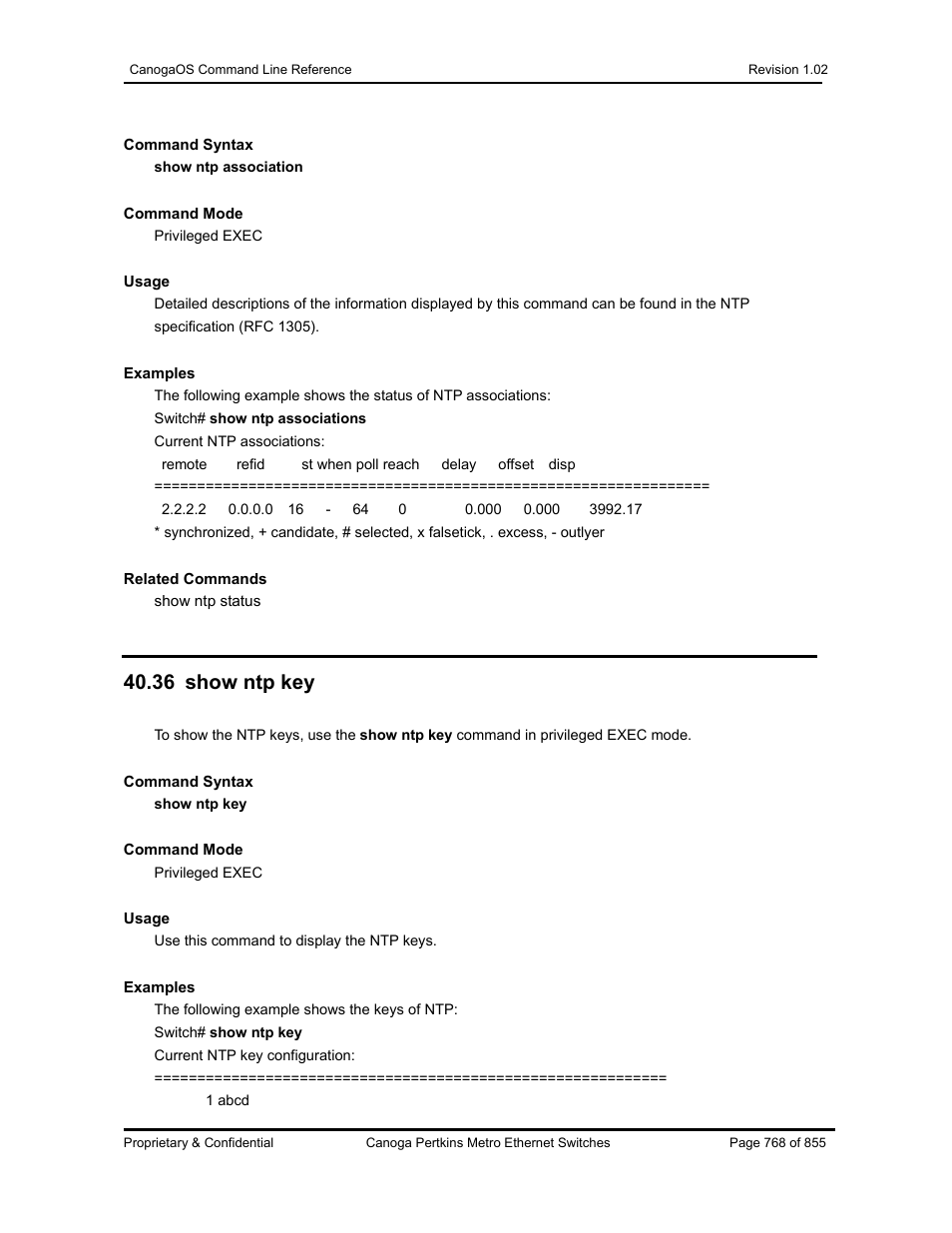 36 show ntp key | CANOGA PERKINS CanogaOS Command Reference User Manual | Page 768 / 855