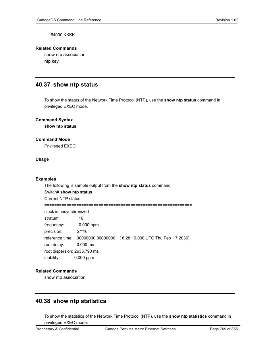 37 show ntp status, 38 show ntp statistics | CANOGA PERKINS CanogaOS Command Reference User Manual | Page 769 / 855