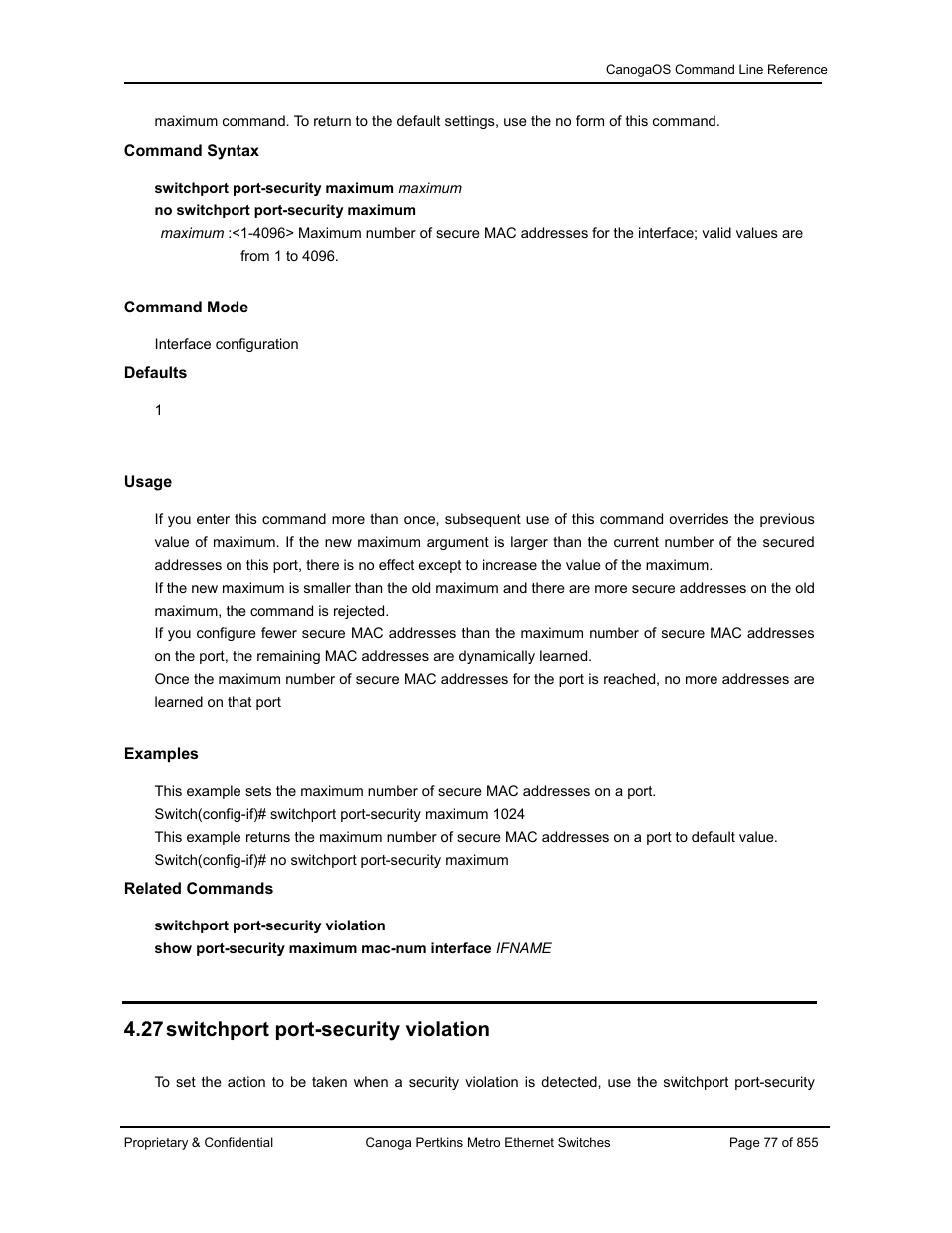 27 switchport port-security violation | CANOGA PERKINS CanogaOS Command Reference User Manual | Page 77 / 855