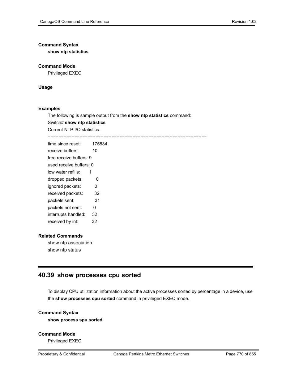 39 show processes cpu sorted | CANOGA PERKINS CanogaOS Command Reference User Manual | Page 770 / 855