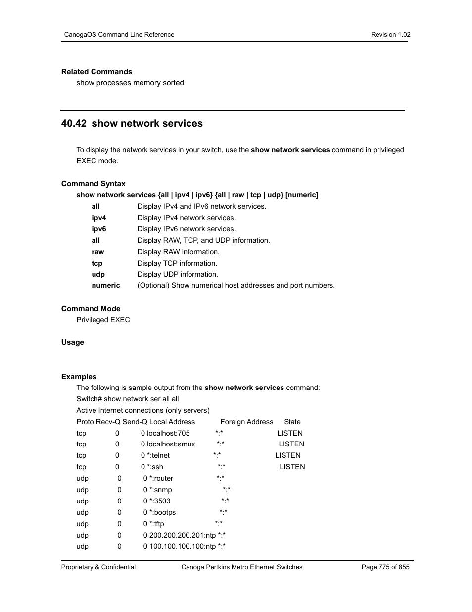 42 show network services | CANOGA PERKINS CanogaOS Command Reference User Manual | Page 775 / 855