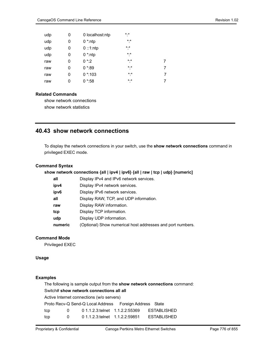 43 show network connections | CANOGA PERKINS CanogaOS Command Reference User Manual | Page 776 / 855