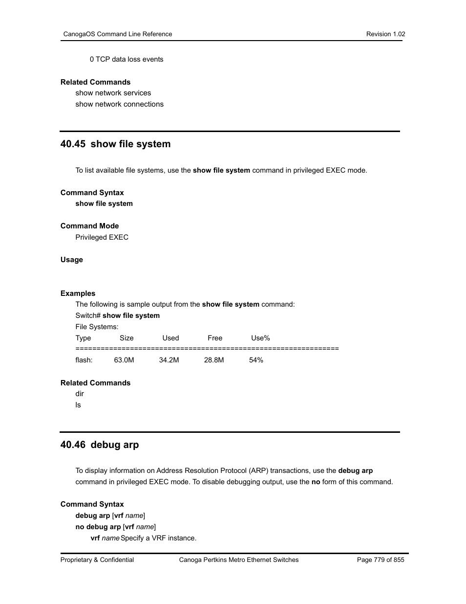 45 show file system, 46 debug arp | CANOGA PERKINS CanogaOS Command Reference User Manual | Page 779 / 855