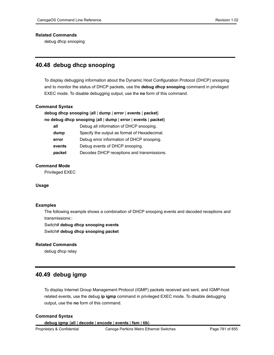 48 debug dhcp snooping, 49 debug igmp | CANOGA PERKINS CanogaOS Command Reference User Manual | Page 781 / 855