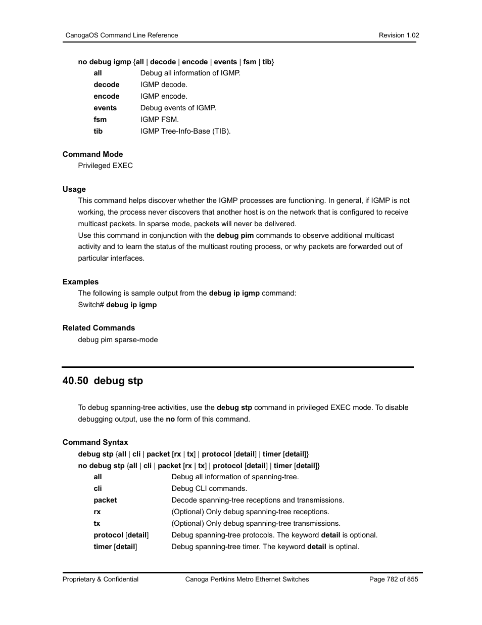 50 debug stp | CANOGA PERKINS CanogaOS Command Reference User Manual | Page 782 / 855