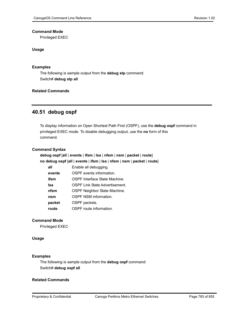 51 debug ospf | CANOGA PERKINS CanogaOS Command Reference User Manual | Page 783 / 855