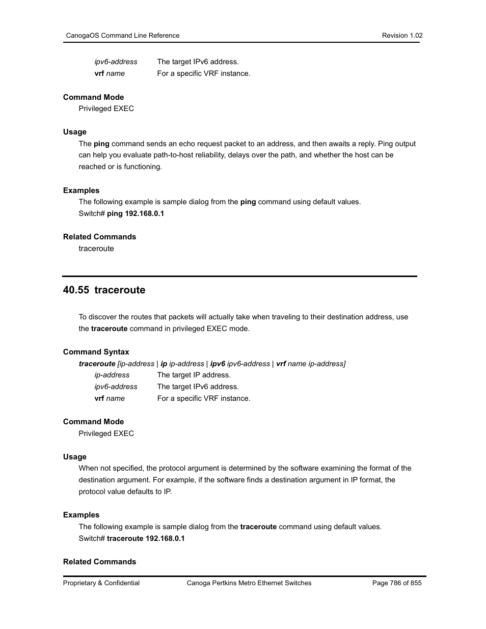 55 traceroute | CANOGA PERKINS CanogaOS Command Reference User Manual | Page 786 / 855