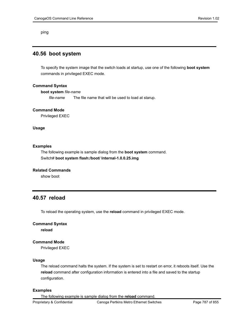 56 boot system, 57 reload | CANOGA PERKINS CanogaOS Command Reference User Manual | Page 787 / 855