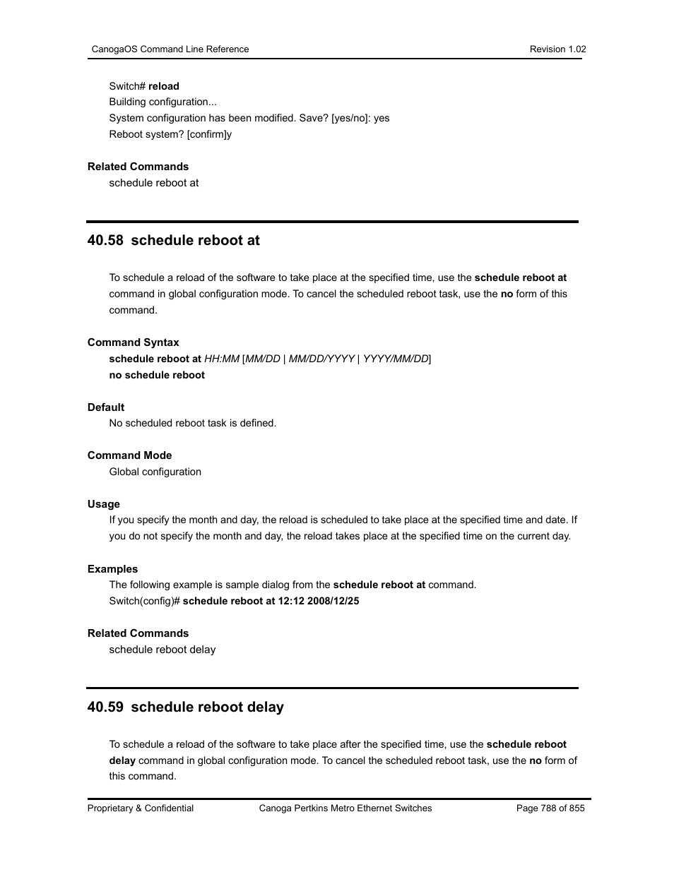 58 schedule reboot at, 59 schedule reboot delay | CANOGA PERKINS CanogaOS Command Reference User Manual | Page 788 / 855