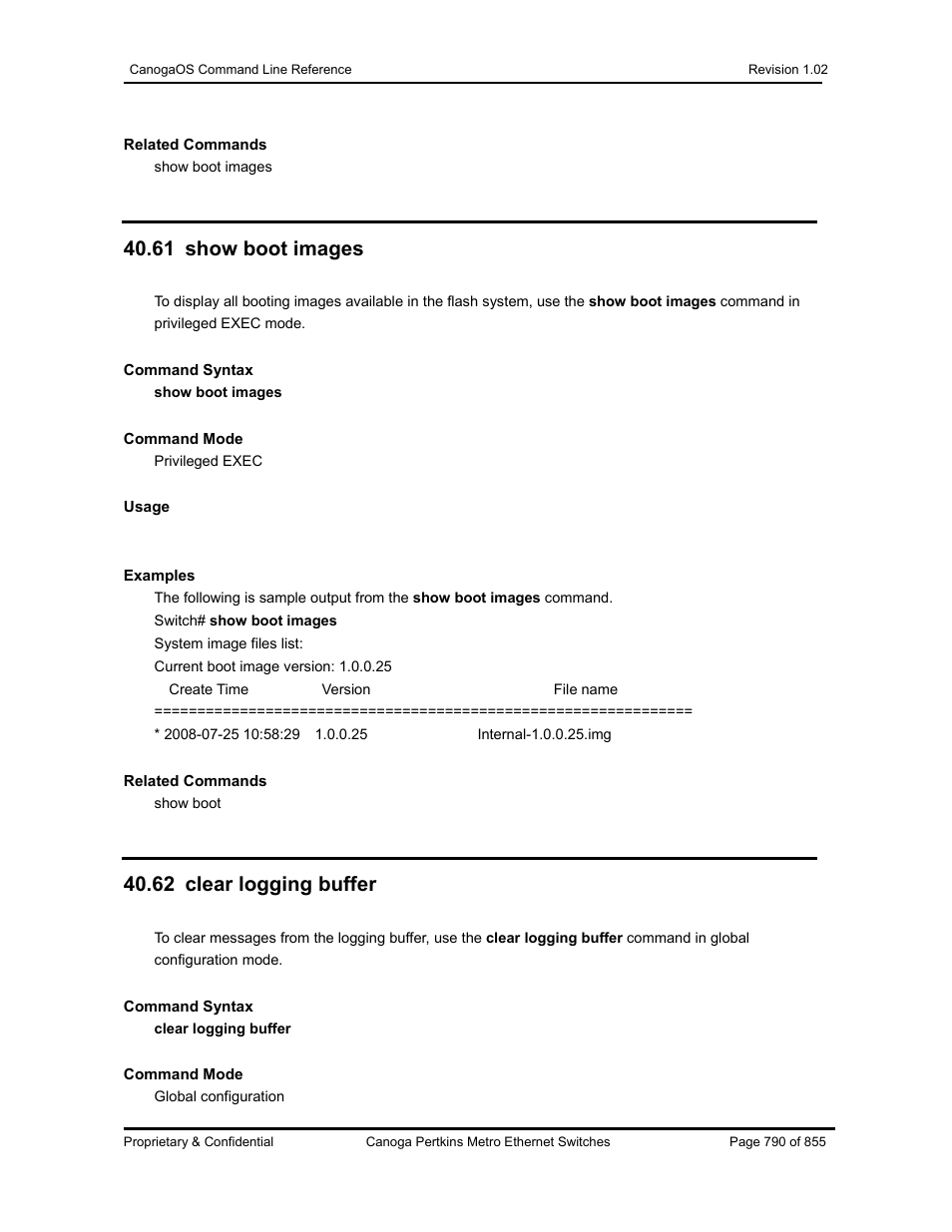 61 show boot images, 62 clear logging buffer | CANOGA PERKINS CanogaOS Command Reference User Manual | Page 790 / 855