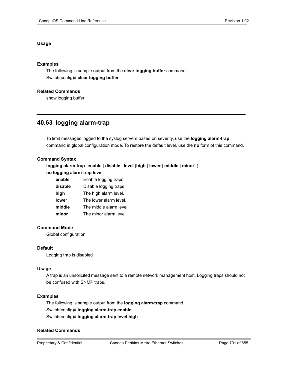 63 logging alarm-trap | CANOGA PERKINS CanogaOS Command Reference User Manual | Page 791 / 855