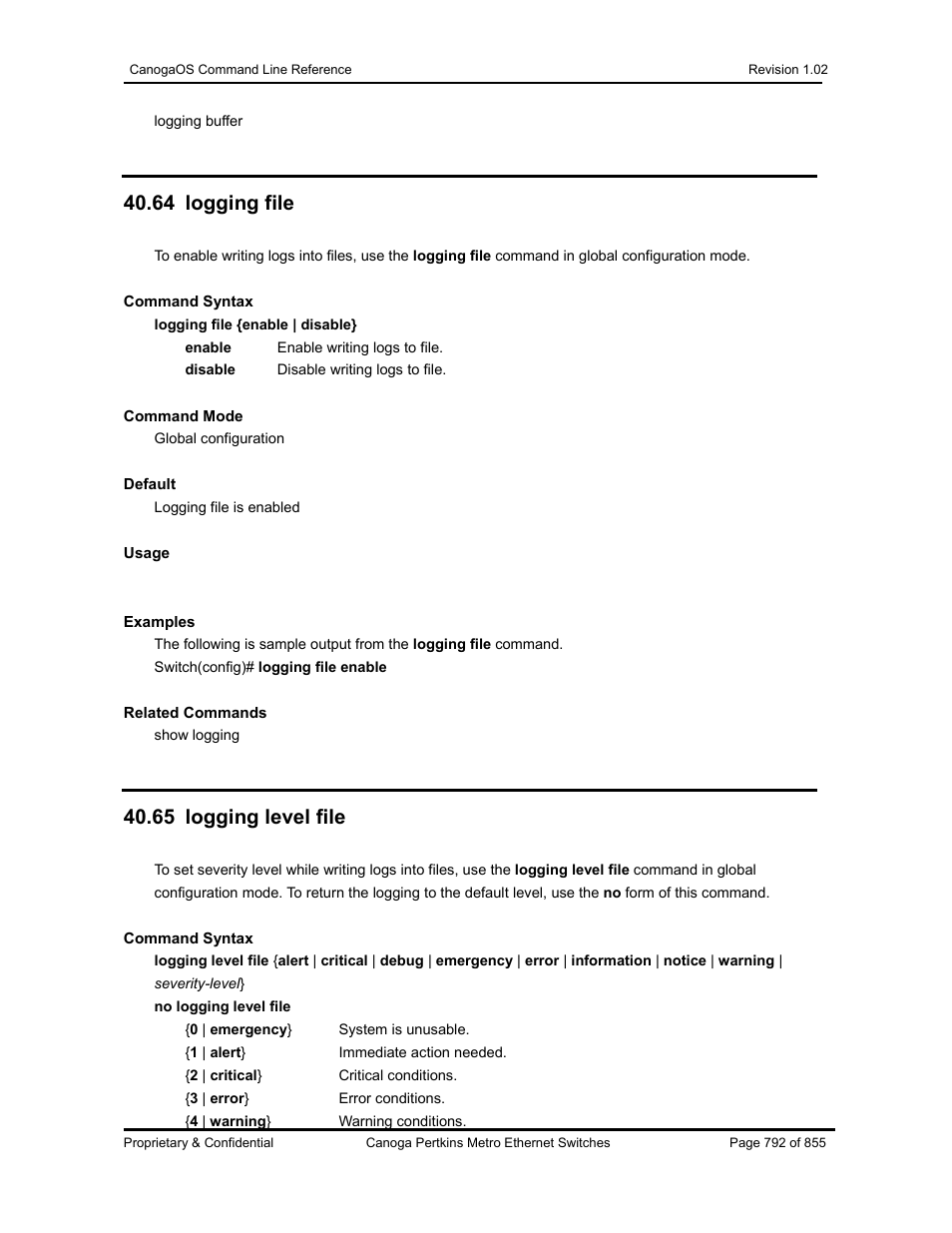 64 logging file, 65 logging level file | CANOGA PERKINS CanogaOS Command Reference User Manual | Page 792 / 855
