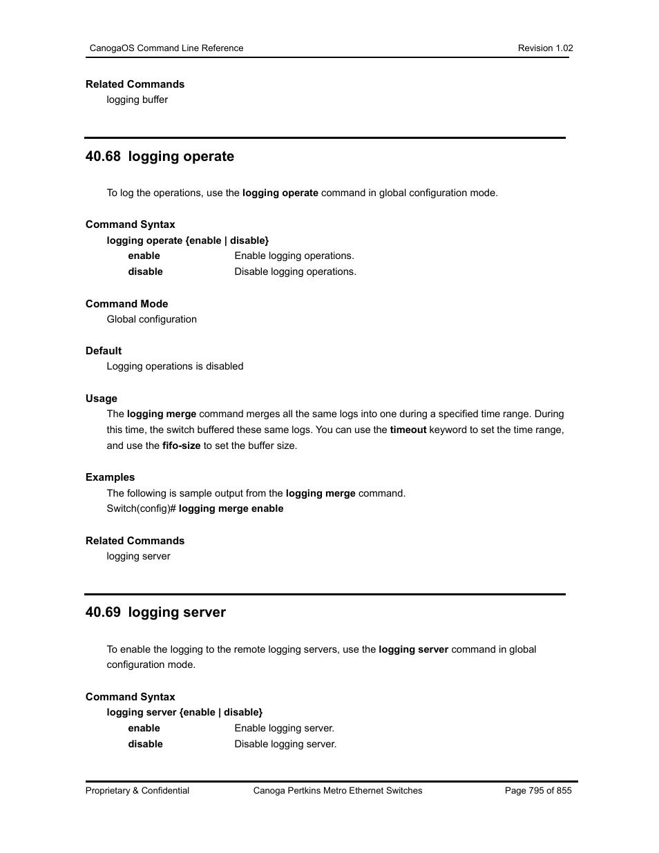 68 logging operate, 69 logging server | CANOGA PERKINS CanogaOS Command Reference User Manual | Page 795 / 855