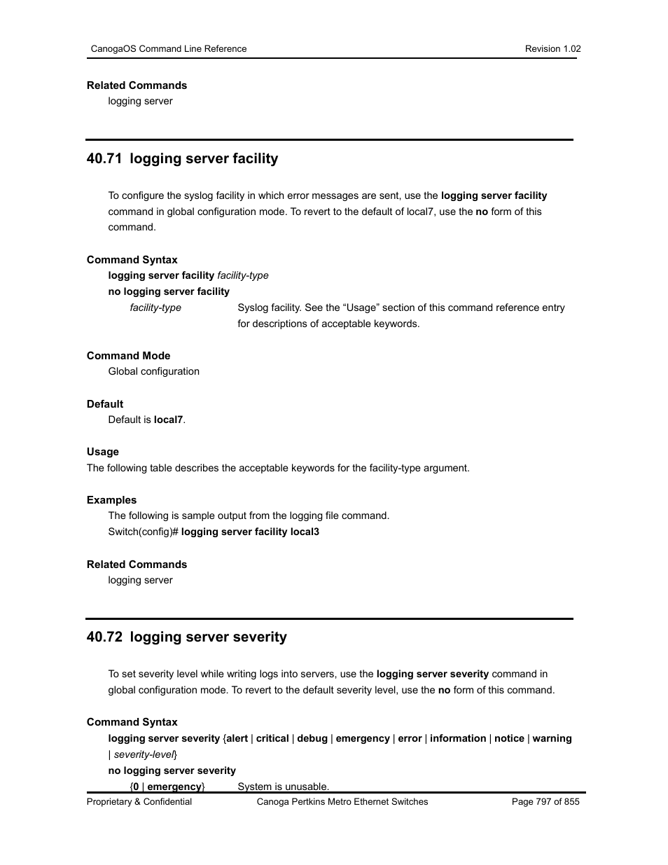 71 logging server facility, 72 logging server severity | CANOGA PERKINS CanogaOS Command Reference User Manual | Page 797 / 855