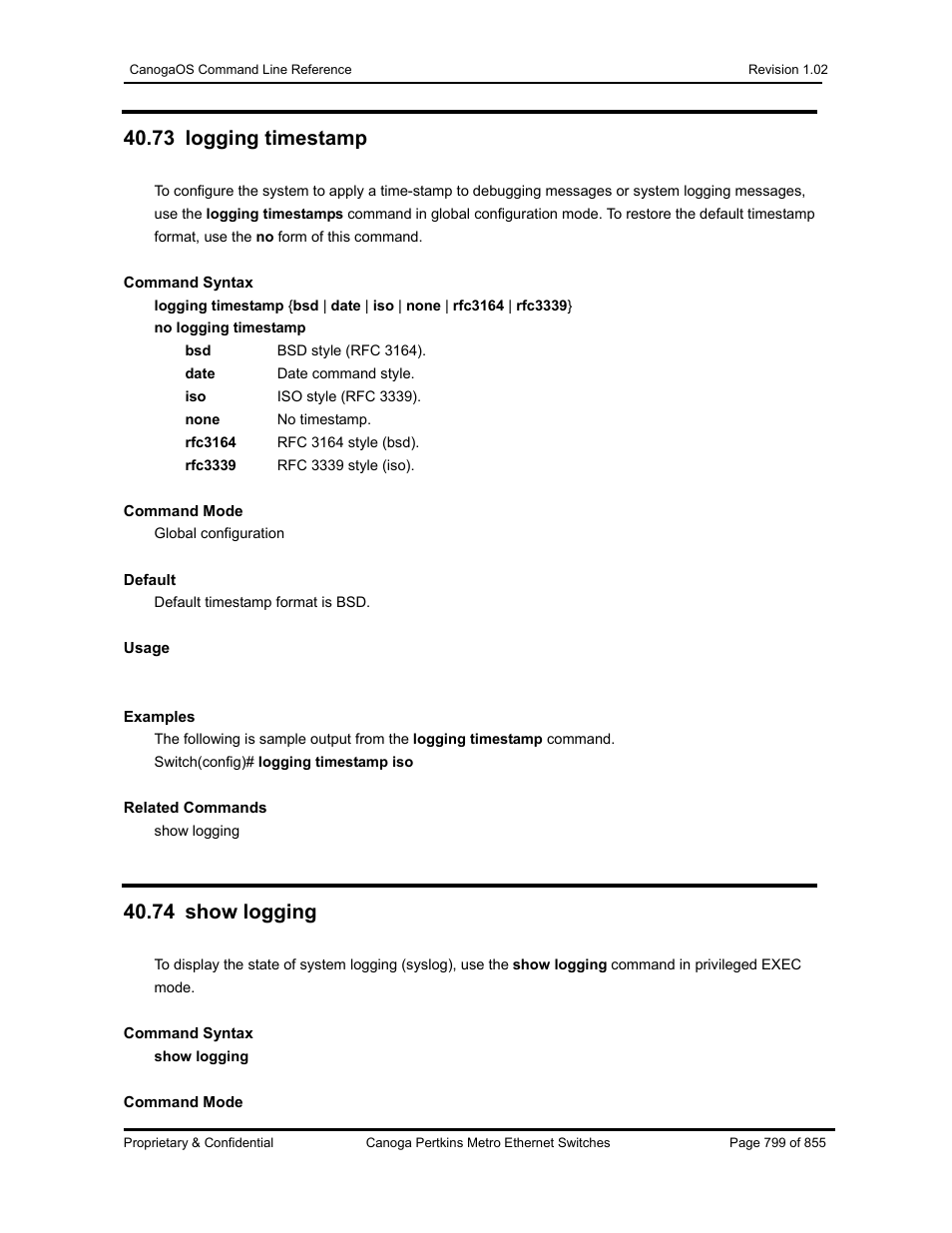 73 logging timestamp, 74 show logging | CANOGA PERKINS CanogaOS Command Reference User Manual | Page 799 / 855