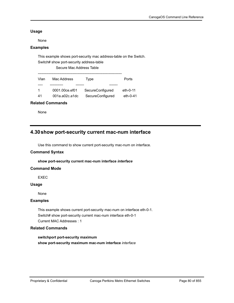 30 show port-security current mac-num interface | CANOGA PERKINS CanogaOS Command Reference User Manual | Page 80 / 855