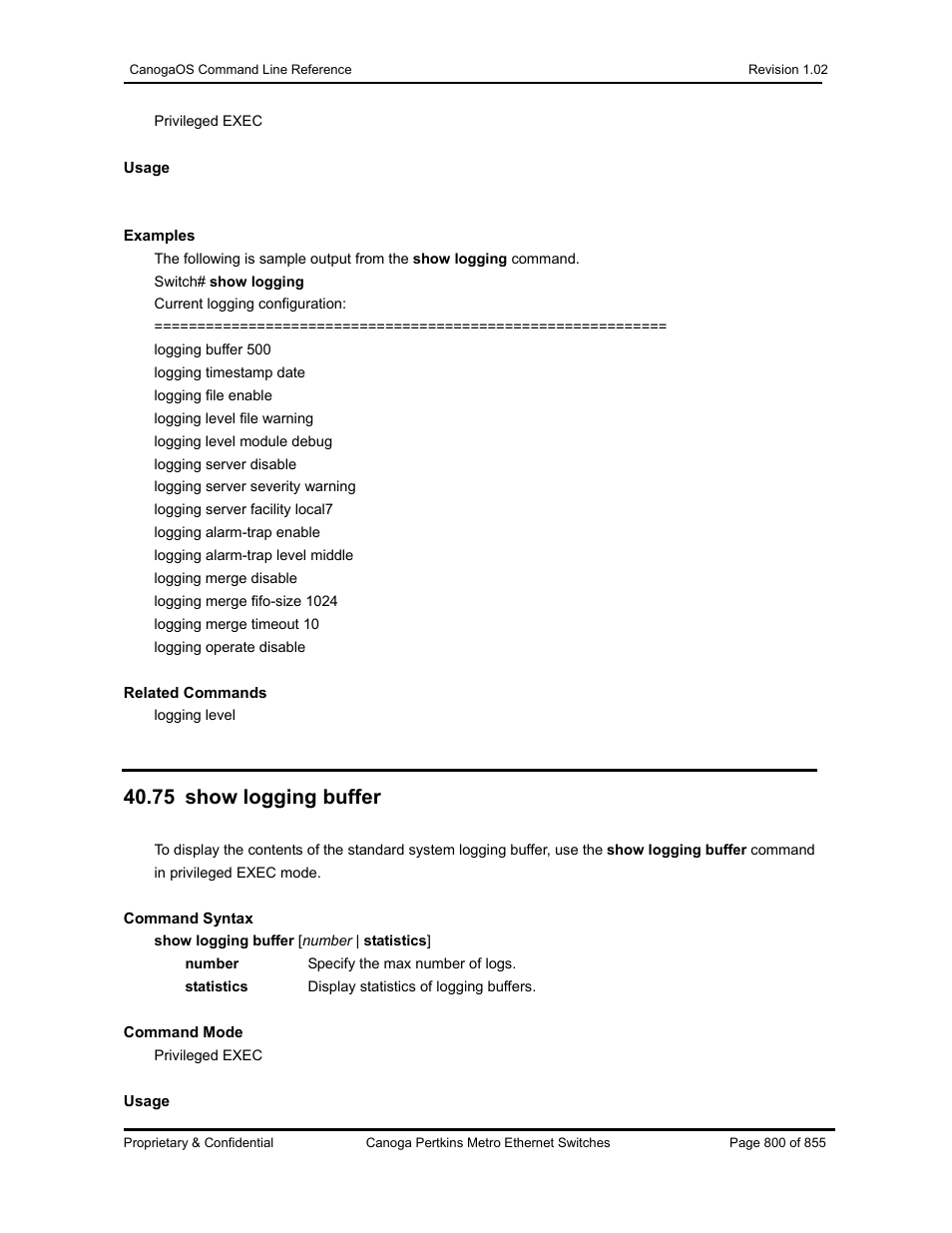 75 show logging buffer | CANOGA PERKINS CanogaOS Command Reference User Manual | Page 800 / 855