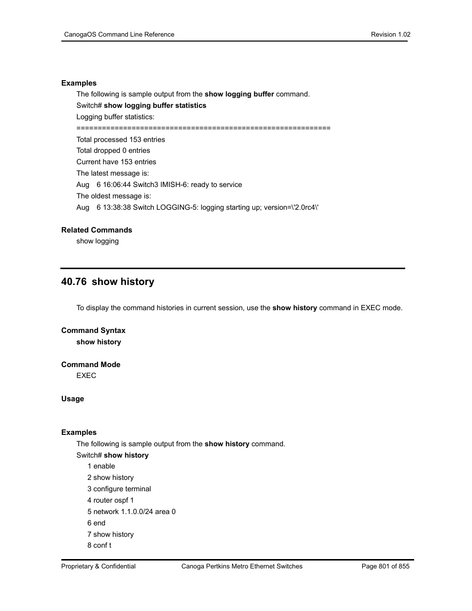 76 show history | CANOGA PERKINS CanogaOS Command Reference User Manual | Page 801 / 855