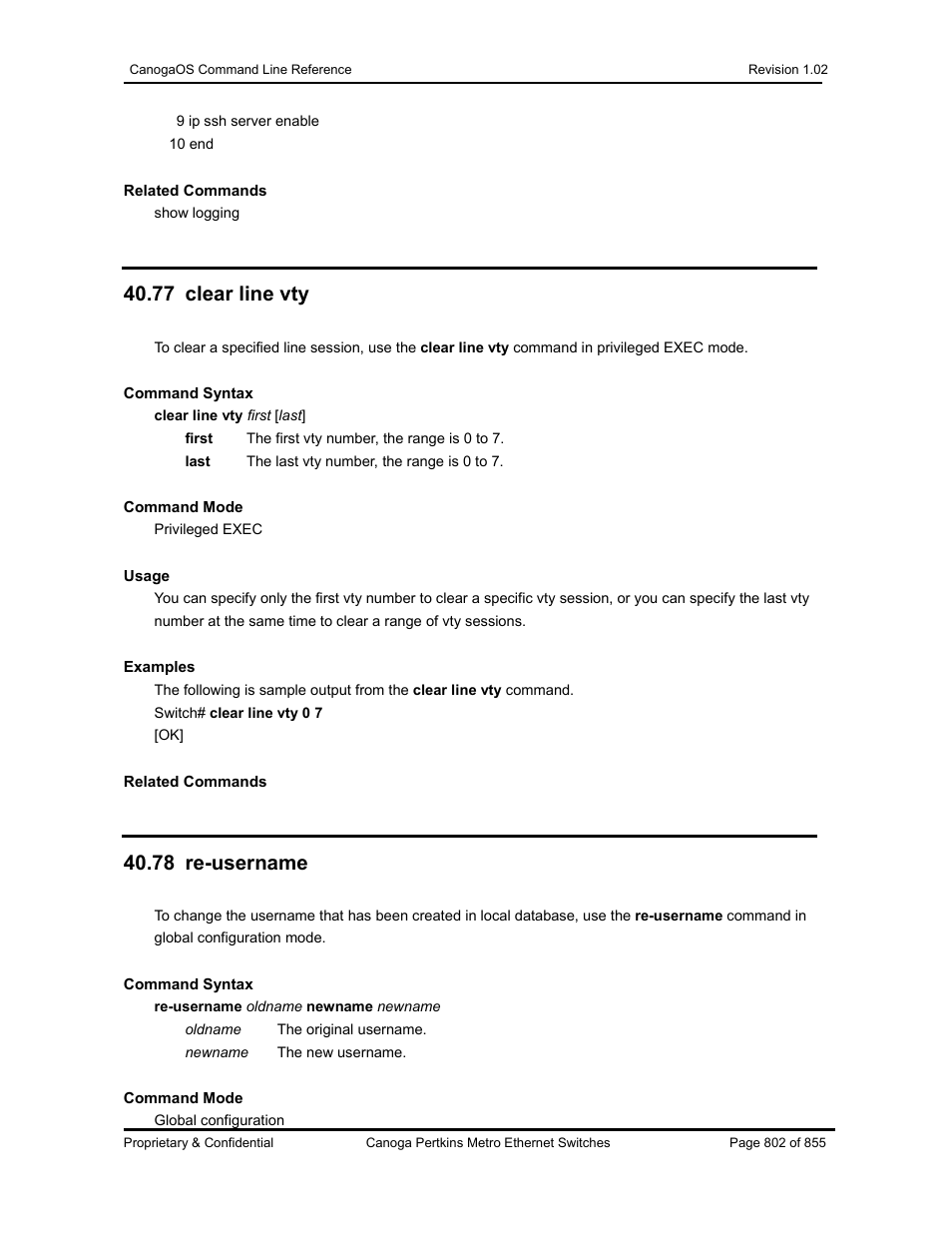 77 clear line vty, 78 re-username | CANOGA PERKINS CanogaOS Command Reference User Manual | Page 802 / 855