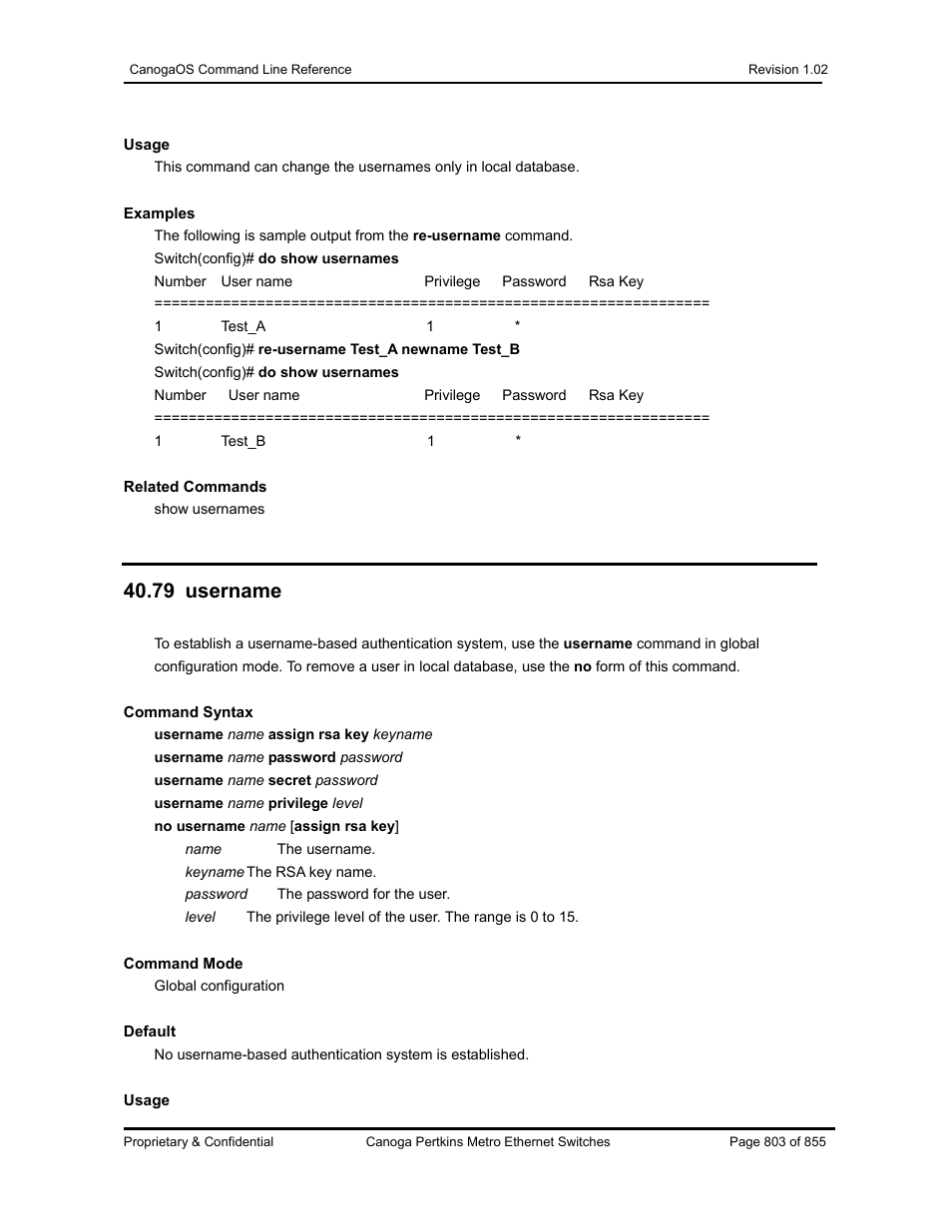 79 username | CANOGA PERKINS CanogaOS Command Reference User Manual | Page 803 / 855