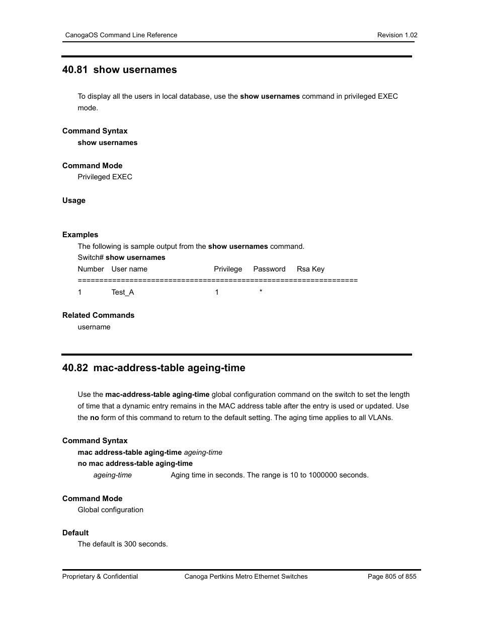 81 show usernames, 82 mac-address-table ageing-time | CANOGA PERKINS CanogaOS Command Reference User Manual | Page 805 / 855