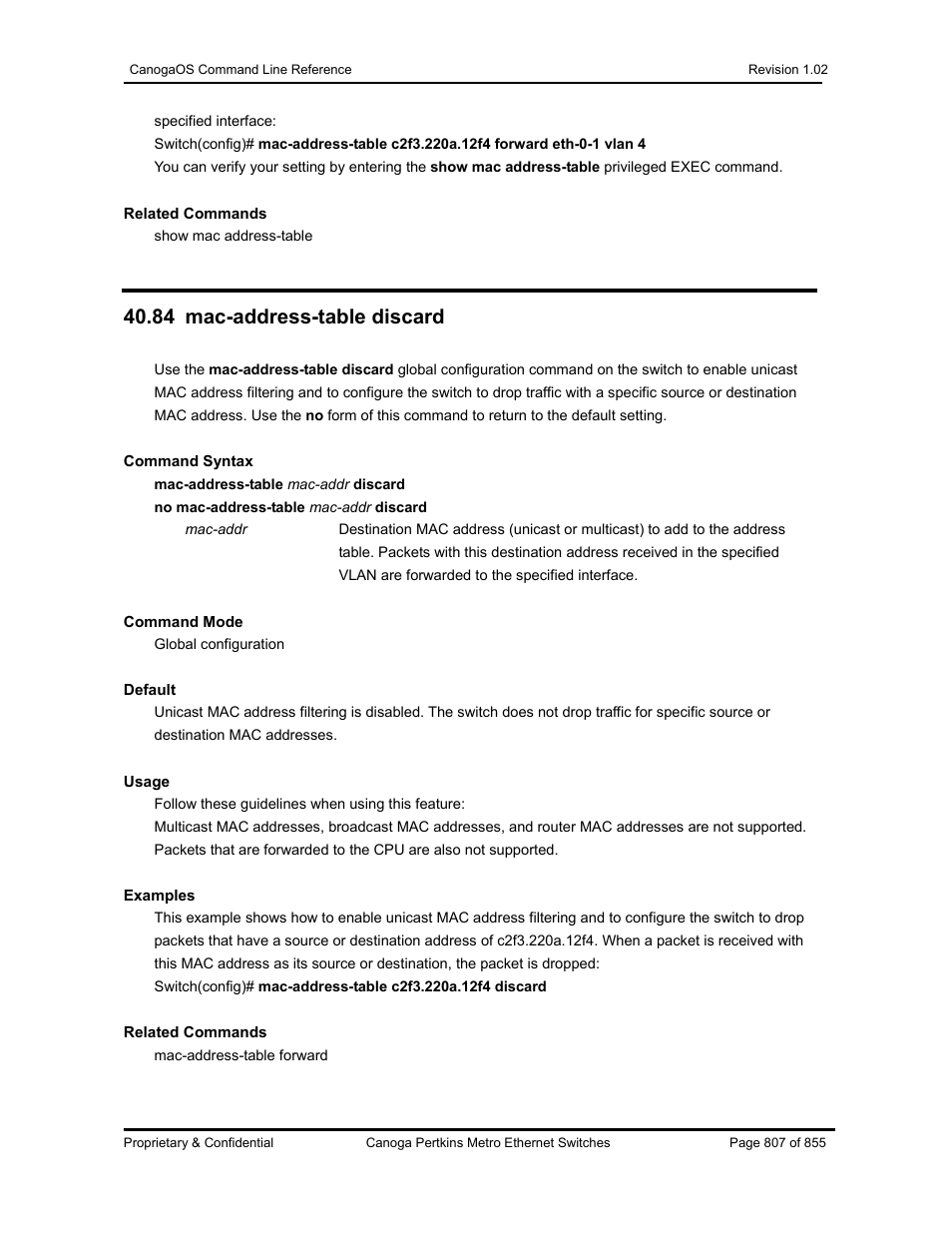 84 mac-address-table discard | CANOGA PERKINS CanogaOS Command Reference User Manual | Page 807 / 855