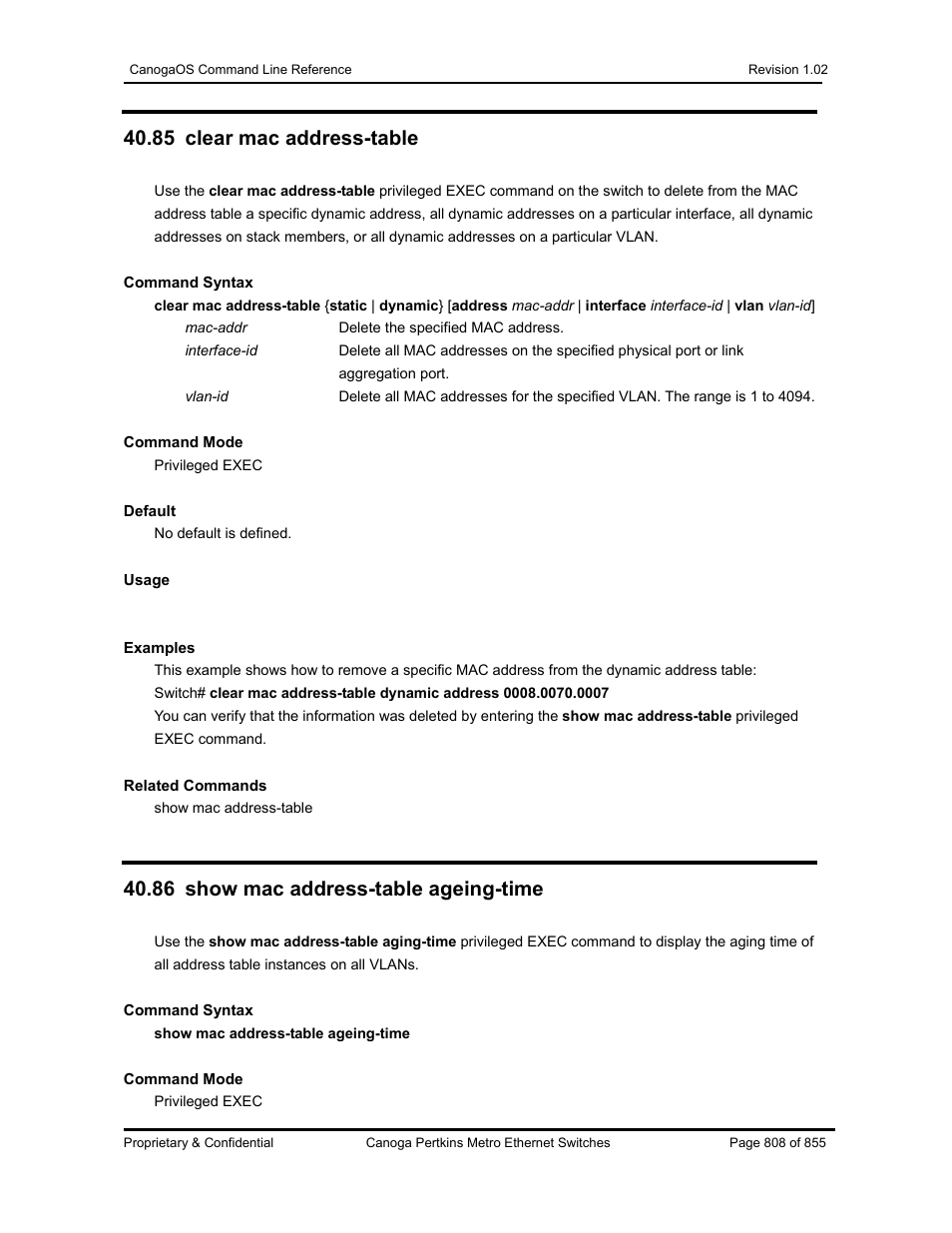 85 clear mac address-table, 86 show mac address-table ageing-time | CANOGA PERKINS CanogaOS Command Reference User Manual | Page 808 / 855