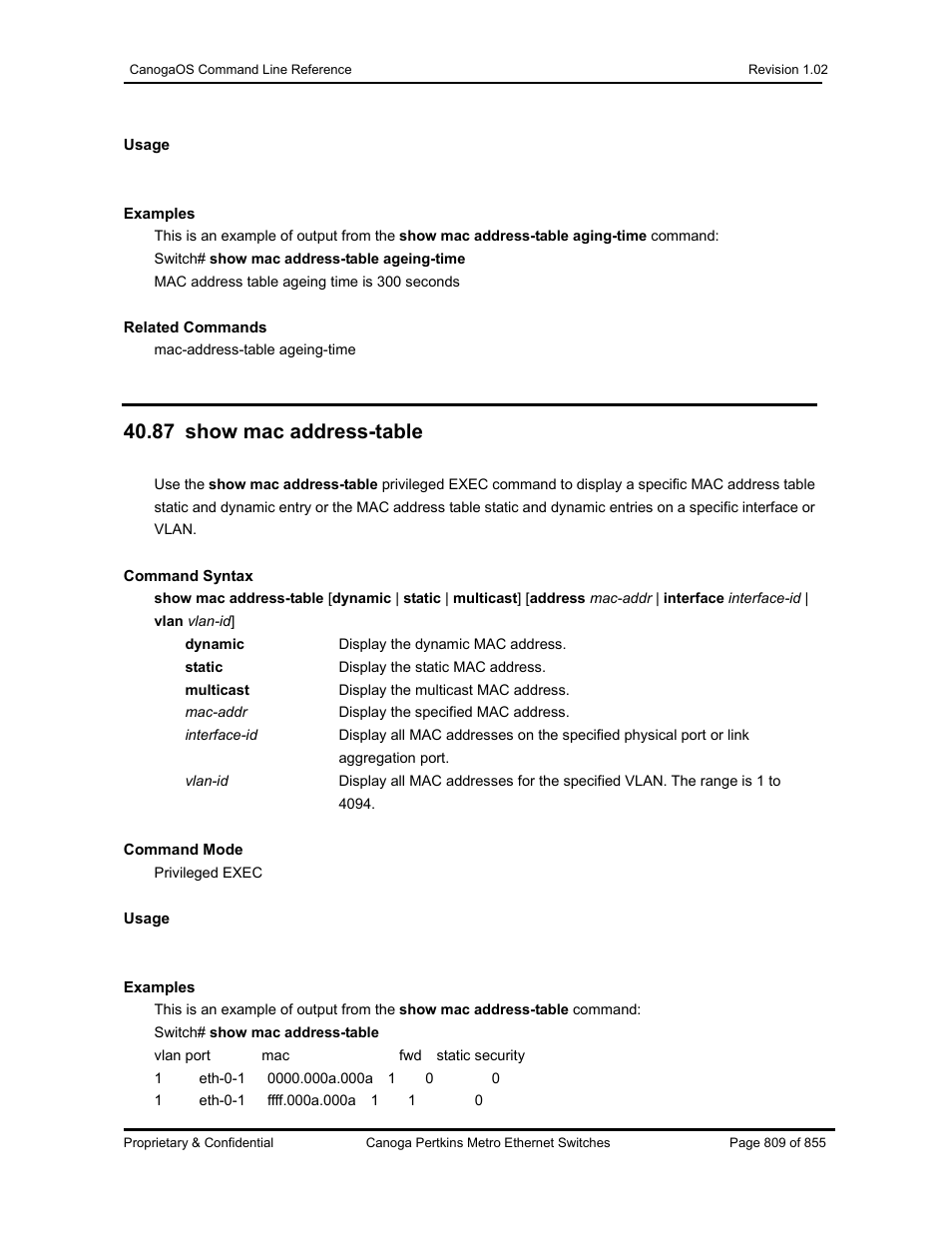 87 show mac address-table | CANOGA PERKINS CanogaOS Command Reference User Manual | Page 809 / 855