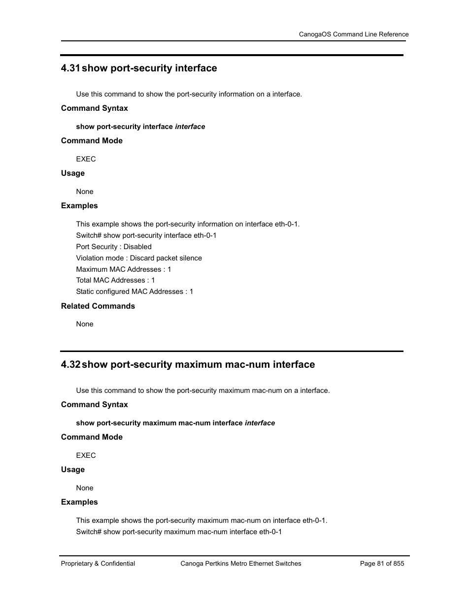 31 show port-security interface, 32 show port-security maximum mac-num interface | CANOGA PERKINS CanogaOS Command Reference User Manual | Page 81 / 855