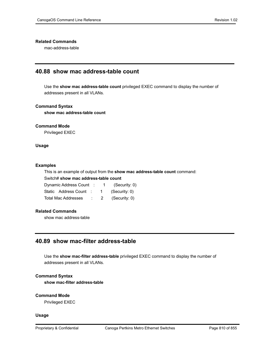 88 show mac address-table count, 89 show mac-filter address-table | CANOGA PERKINS CanogaOS Command Reference User Manual | Page 810 / 855