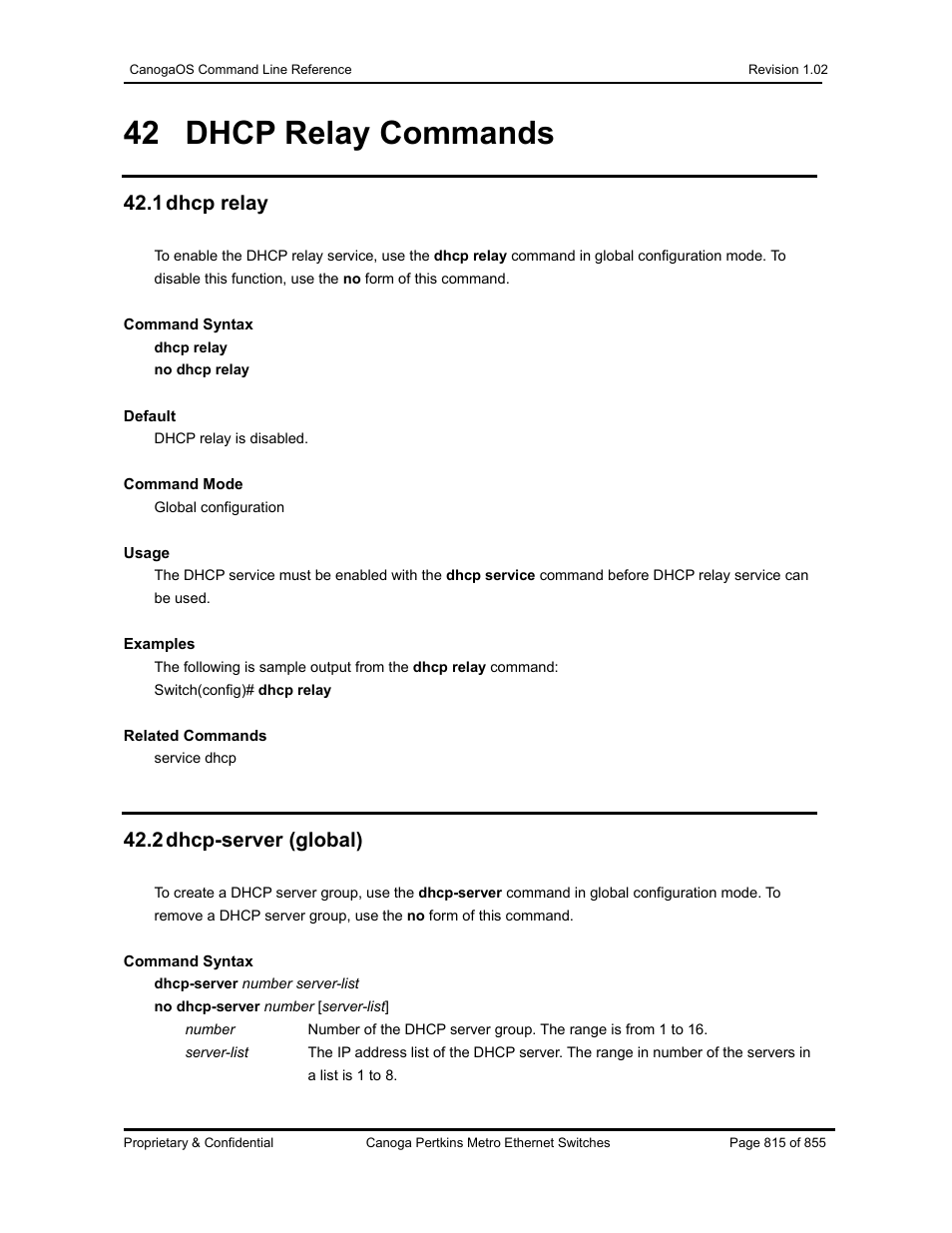 42 dhcp relay commands, 1 dhcp relay, 2 dhcp-server (global) | CANOGA PERKINS CanogaOS Command Reference User Manual | Page 815 / 855