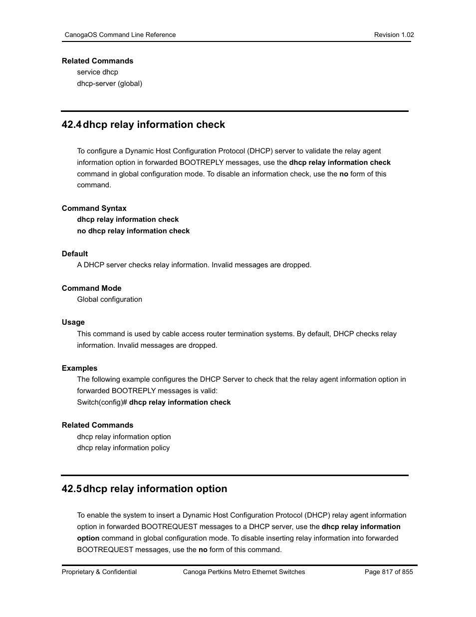 4 dhcp relay information check, 5 dhcp relay information option | CANOGA PERKINS CanogaOS Command Reference User Manual | Page 817 / 855