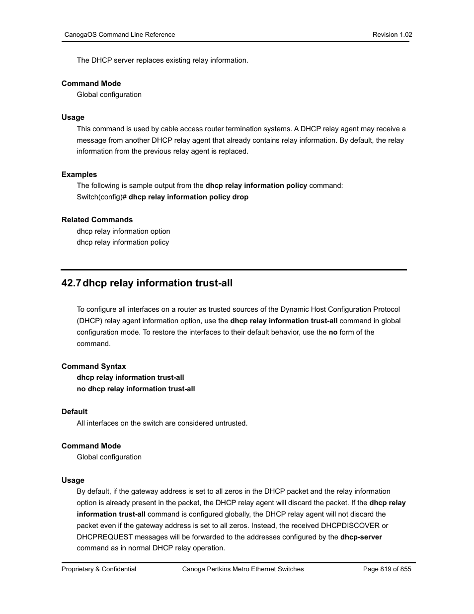 7 dhcp relay information trust-all | CANOGA PERKINS CanogaOS Command Reference User Manual | Page 819 / 855