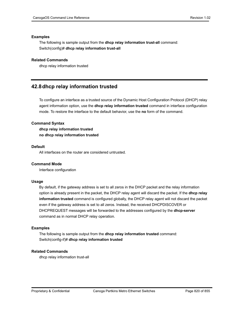 8 dhcp relay information trusted | CANOGA PERKINS CanogaOS Command Reference User Manual | Page 820 / 855