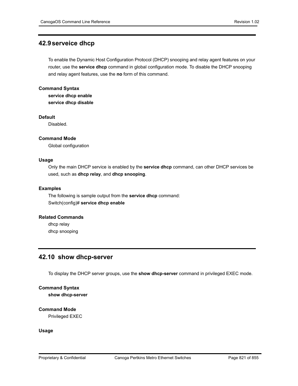 9 serveice dhcp, 10 show dhcp-server | CANOGA PERKINS CanogaOS Command Reference User Manual | Page 821 / 855