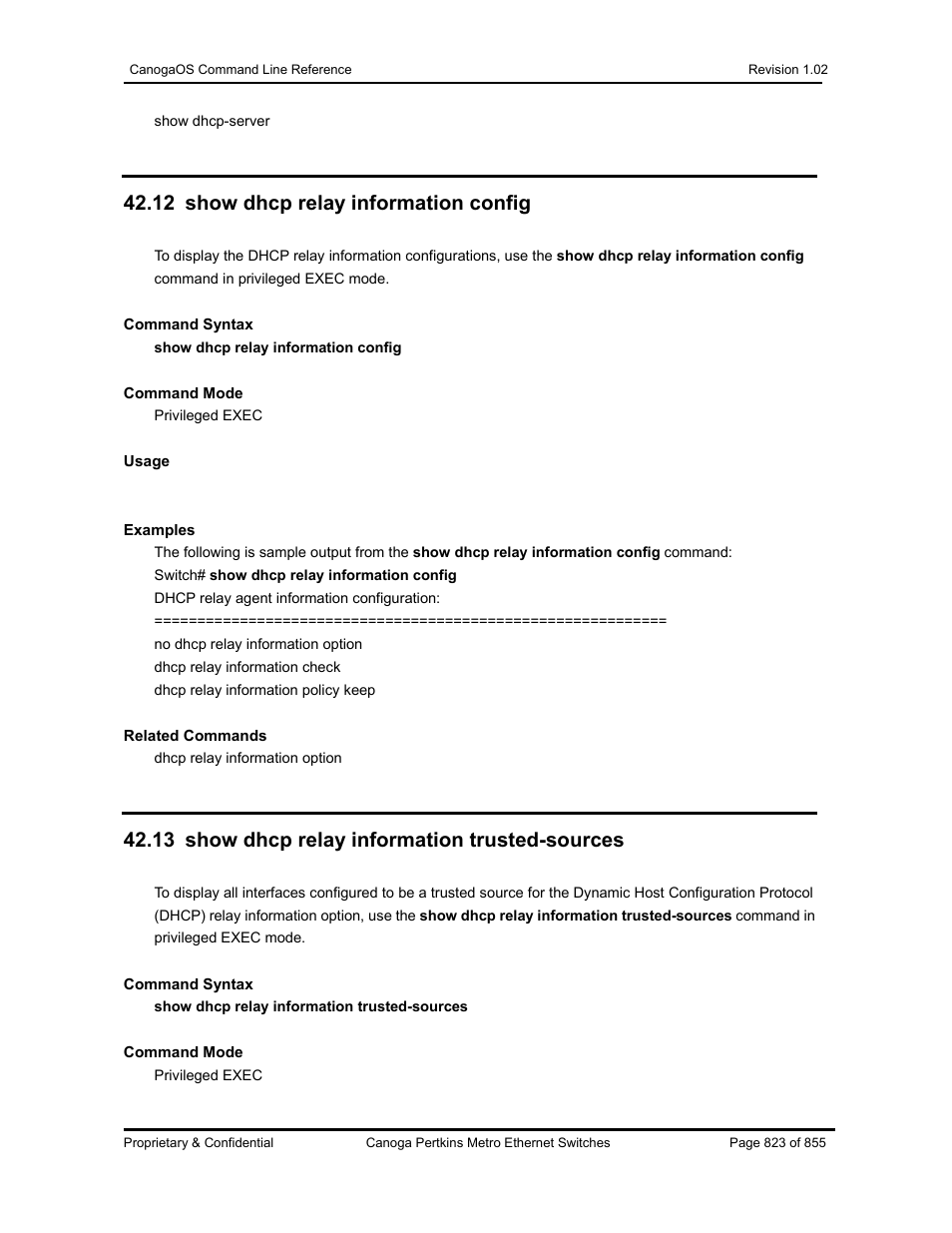 12 show dhcp relay information config, 13 show dhcp relay information trusted-sources | CANOGA PERKINS CanogaOS Command Reference User Manual | Page 823 / 855