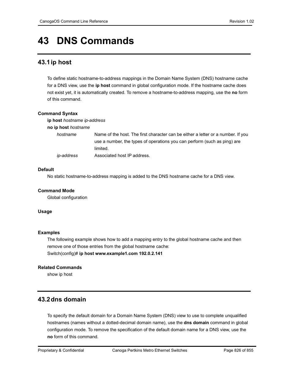 43 dns commands, 1 ip host, 2 dns domain | CANOGA PERKINS CanogaOS Command Reference User Manual | Page 826 / 855