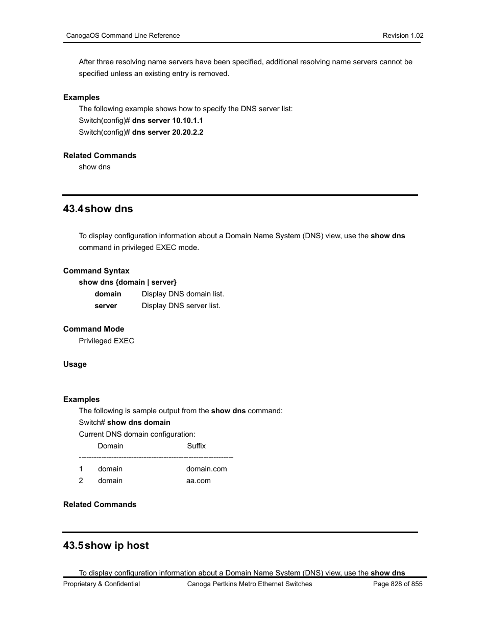 4 show dns, 5 show ip host | CANOGA PERKINS CanogaOS Command Reference User Manual | Page 828 / 855