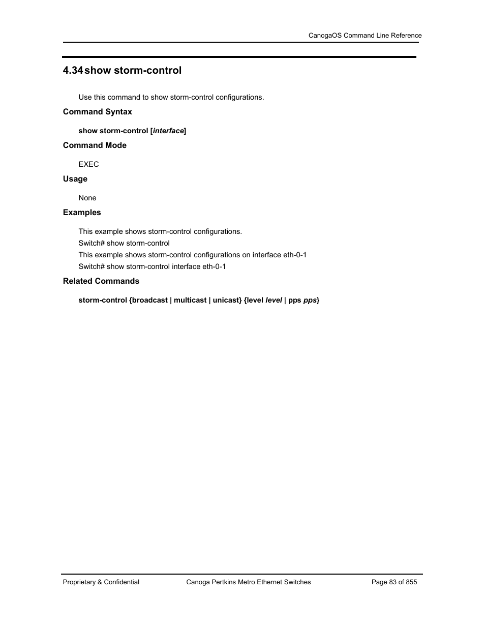 34 show storm-control | CANOGA PERKINS CanogaOS Command Reference User Manual | Page 83 / 855