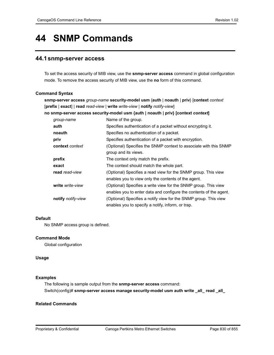 44 snmp commands, 1 snmp-server access | CANOGA PERKINS CanogaOS Command Reference User Manual | Page 830 / 855