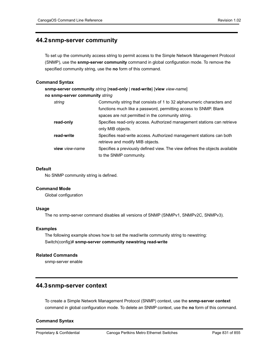 2 snmp-server community, 3 snmp-server context | CANOGA PERKINS CanogaOS Command Reference User Manual | Page 831 / 855