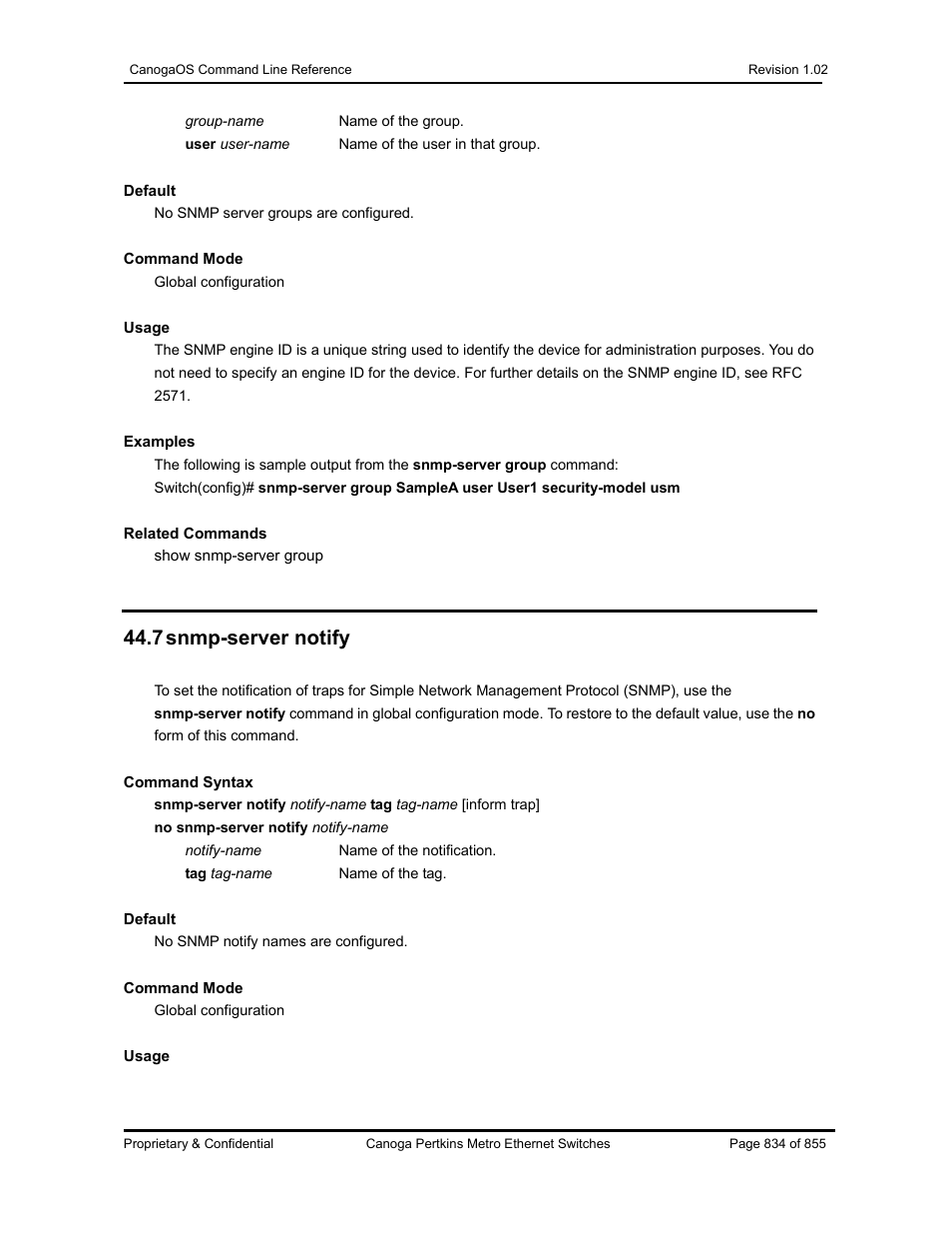 7 snmp-server notify | CANOGA PERKINS CanogaOS Command Reference User Manual | Page 834 / 855