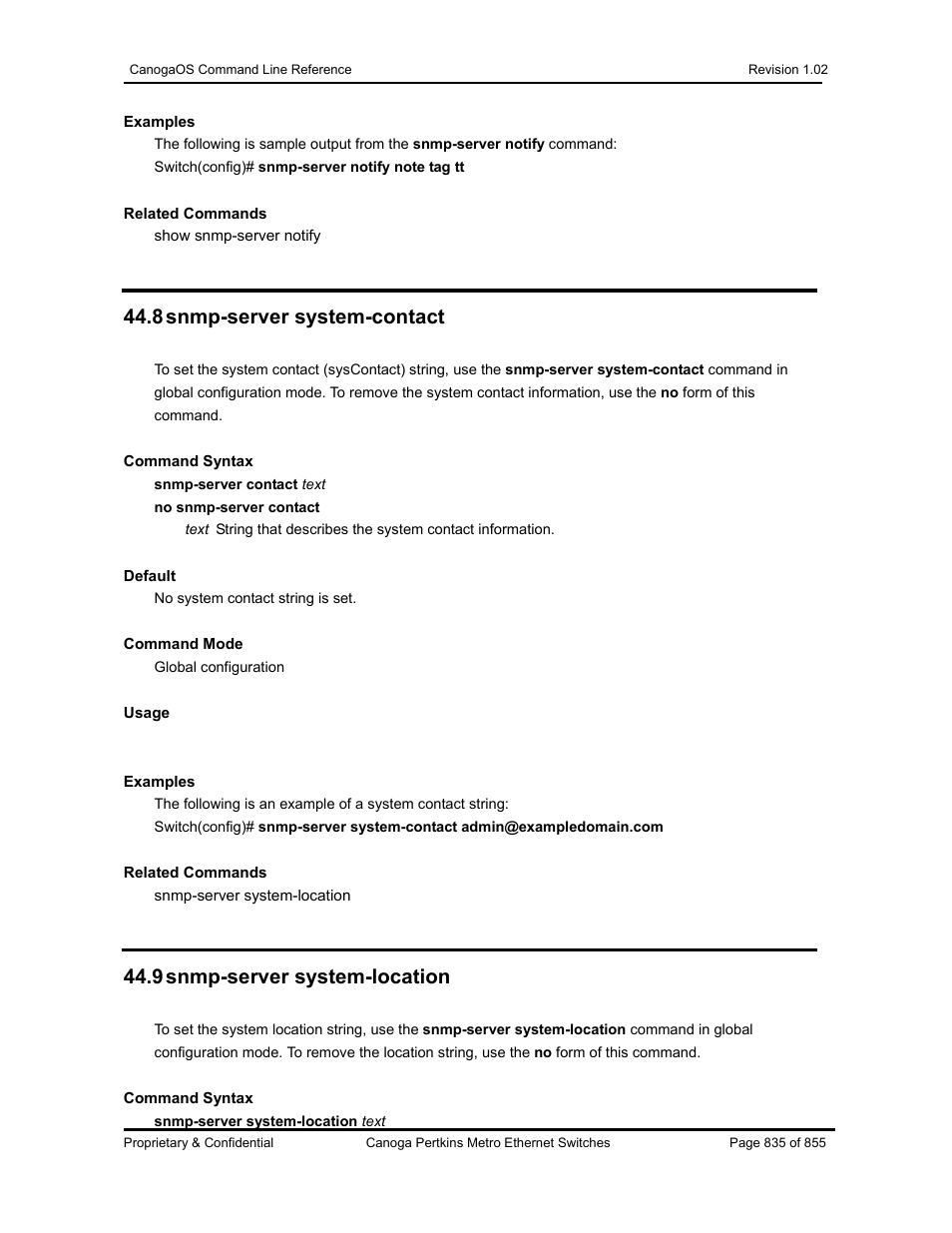 8 snmp-server system-contact, 9 snmp-server system-location | CANOGA PERKINS CanogaOS Command Reference User Manual | Page 835 / 855