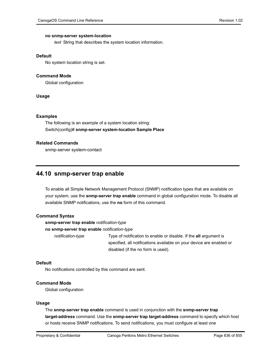 10 snmp-server trap enable | CANOGA PERKINS CanogaOS Command Reference User Manual | Page 836 / 855