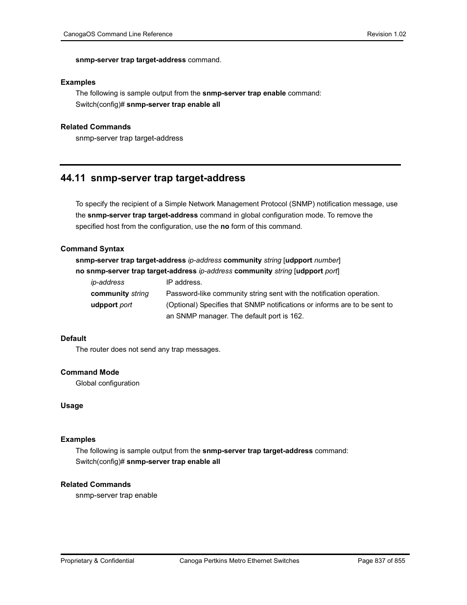 11 snmp-server trap target-address | CANOGA PERKINS CanogaOS Command Reference User Manual | Page 837 / 855