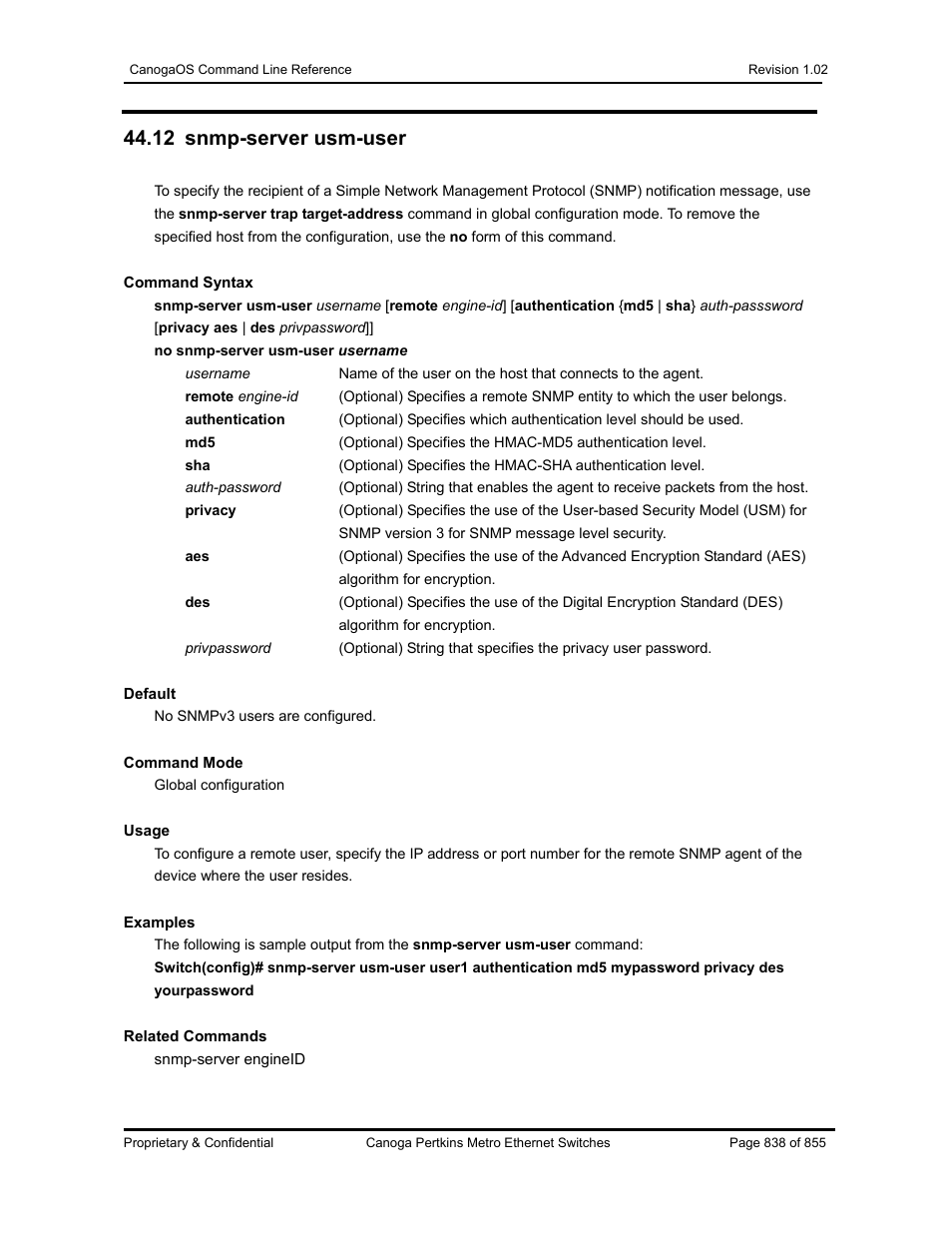 12 snmp-server usm-user | CANOGA PERKINS CanogaOS Command Reference User Manual | Page 838 / 855