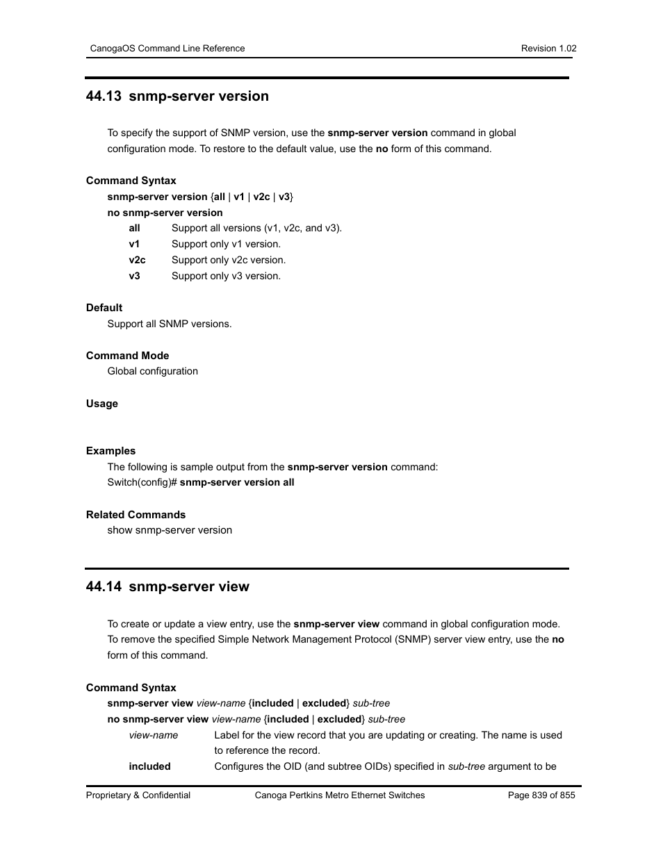 13 snmp-server version, 14 snmp-server view | CANOGA PERKINS CanogaOS Command Reference User Manual | Page 839 / 855