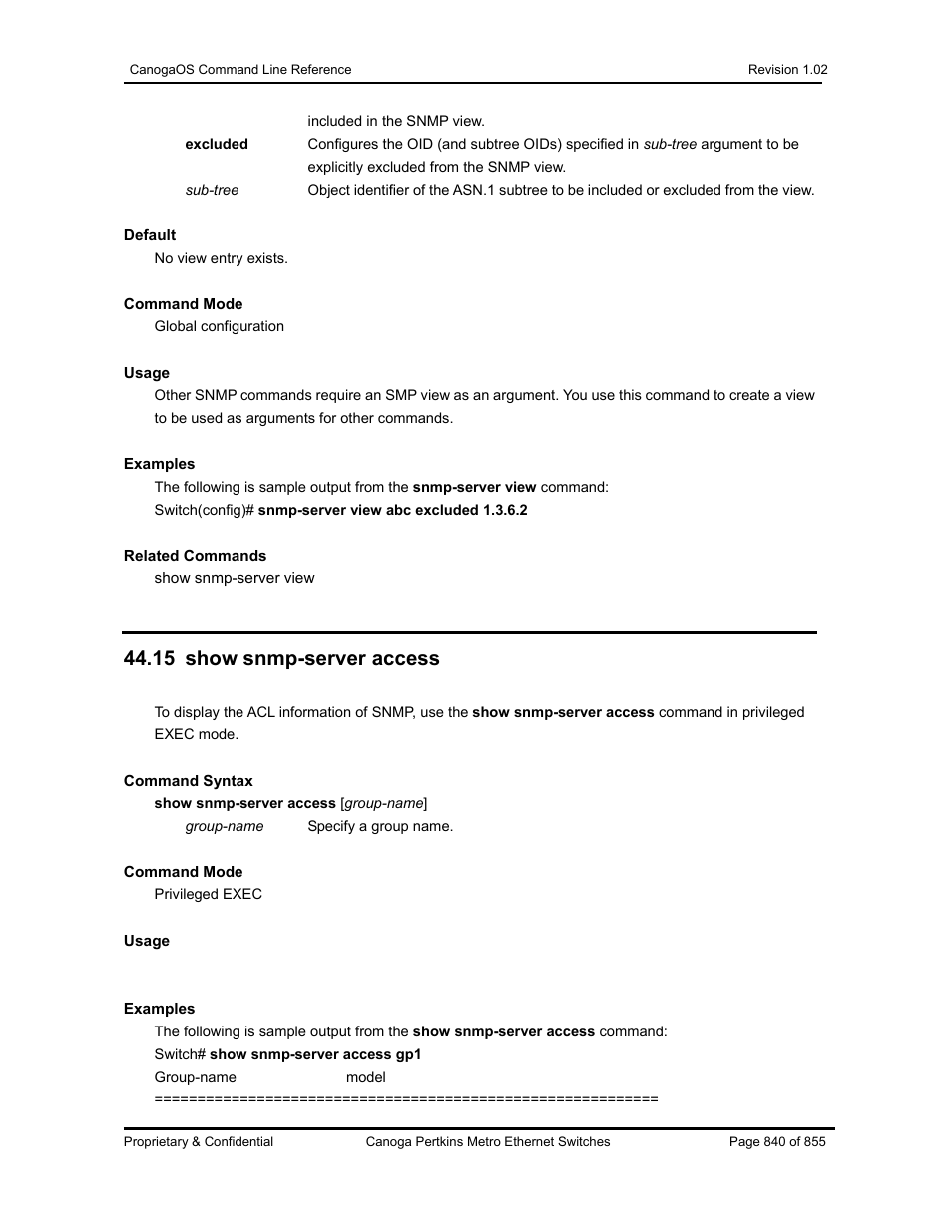 15 show snmp-server access | CANOGA PERKINS CanogaOS Command Reference User Manual | Page 840 / 855