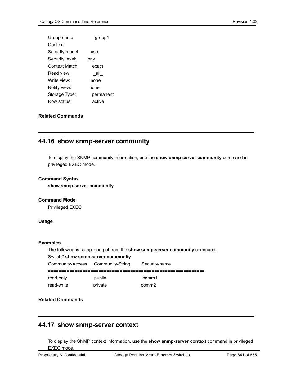 16 show snmp-server community, 17 show snmp-server context | CANOGA PERKINS CanogaOS Command Reference User Manual | Page 841 / 855