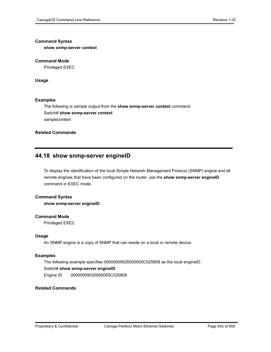 18 show snmp-server engineid | CANOGA PERKINS CanogaOS Command Reference User Manual | Page 842 / 855